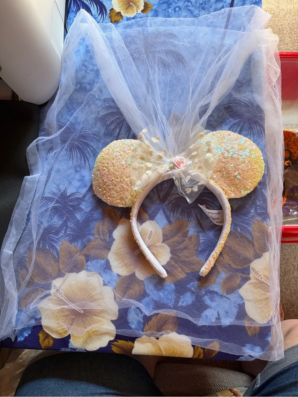 Disney Sequin Minnie Ear Headband with Veil - Pearl Pink and Gold